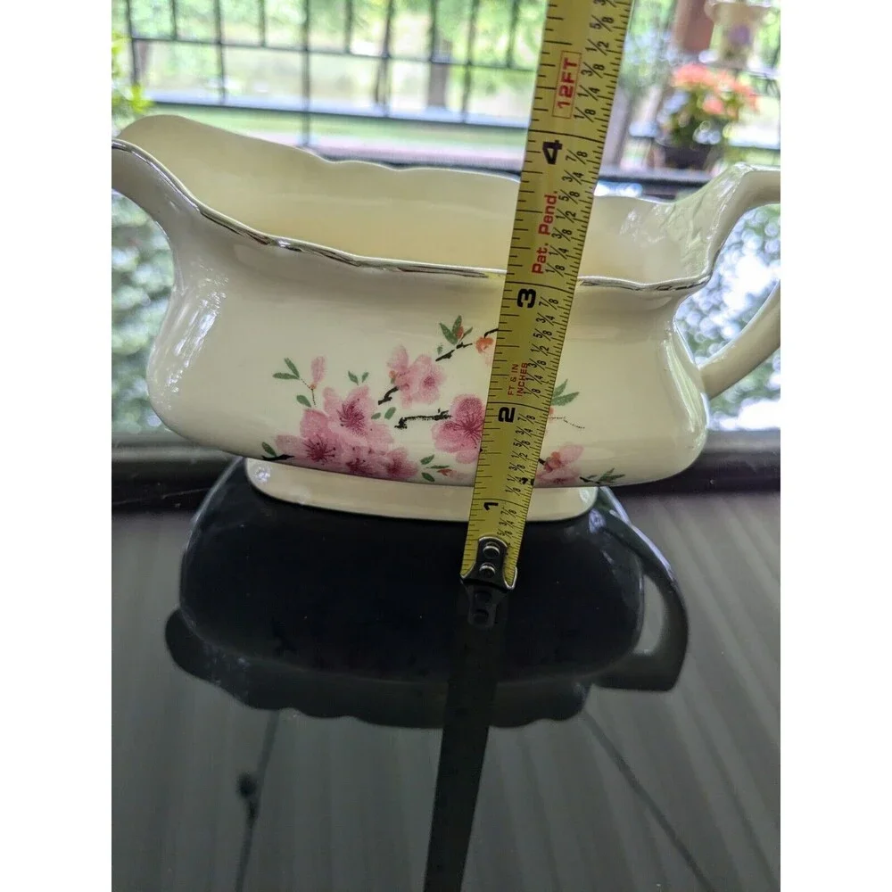 Vintage Canarytone Gravy Boat Cherry Blossoms Unmarked Silver Trim Porcelain
